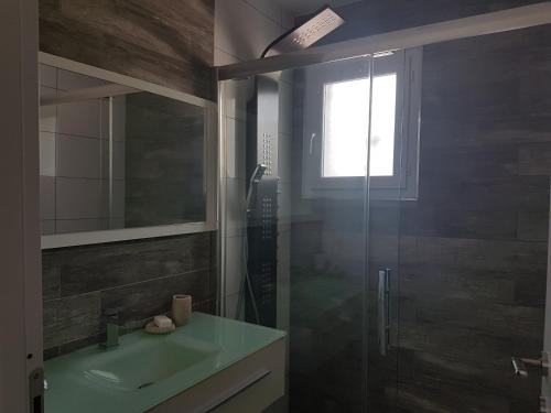 une salle de bain avec une douche en verre et un lavabo dans l'établissement Villa 130 m2 dans domaine privé aux pierres roses, à Porto-Vecchio