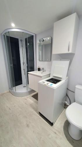 une salle de bain blanche avec des toilettes et un lavabo dans l'établissement Le Mûrier - clim, parking, accès direct voie verte, à Vesseaux