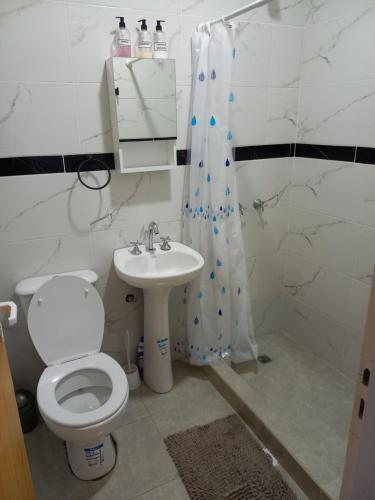 un baño con inodoro y lavabo en Departamentos TUNQUELEN, en Río Colorado
