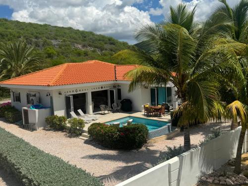 a house with a swimming pool and palm trees at Beautiful Villa on the Sea in Lagun