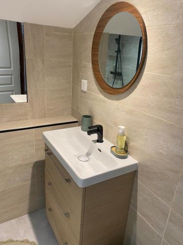 une salle de bain avec un lavabo et un miroir dans l'établissement Appartement Sainte Lucie de Tallano,2 personnes au centre du village, à Santa-Lucia-di-Tallano