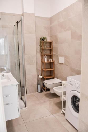 a bathroom with a toilet sink and a washing machine at Villa Antonella app Lavinia in Tavernerio