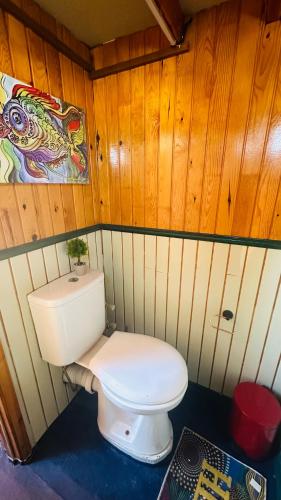 a bathroom with a white toilet in a wooden wall at Apollon boat tour in Side