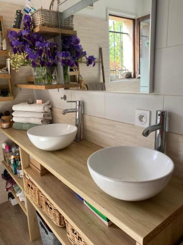 deux lavabos sur un comptoir en bois dans une salle de bain dans l'établissement Villa exotique, à Paulhan