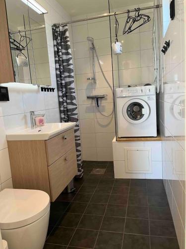 a bathroom with a washing machine in a shower at Stuga Varberg Södranäs in Varberg