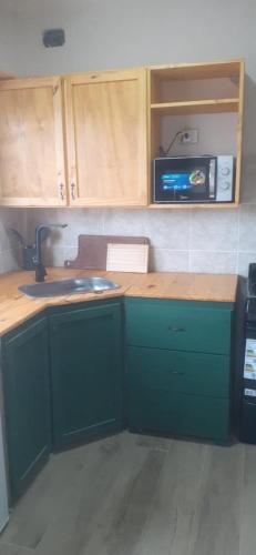 a kitchen with green cabinets and a microwave at Azahares Apart in Bella Vista