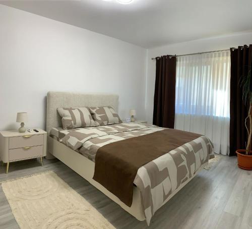a bedroom with a large bed and a window at Gaby's Apartment in Ocna-Mureşului