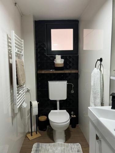 a bathroom with a white toilet and a window at Apartman Eterna in Bijeljina