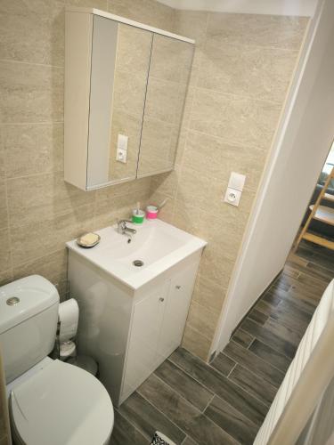 une salle de bain avec des toilettes blanches et un lavabo dans l'établissement Logement 2 personnes, à Morières-lès-Avignon