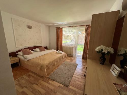 a bedroom with a bed and a large window at VILA ANA in Băile Herculane