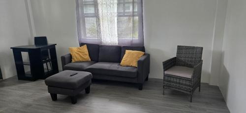 a living room with a couch and a chair at Amiah's Residence - Spacious two bedroom apartment in St George in Saint Georgeʼs