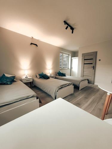 a bedroom with two beds and two tables and two lamps at Zosieńka in Podolsze