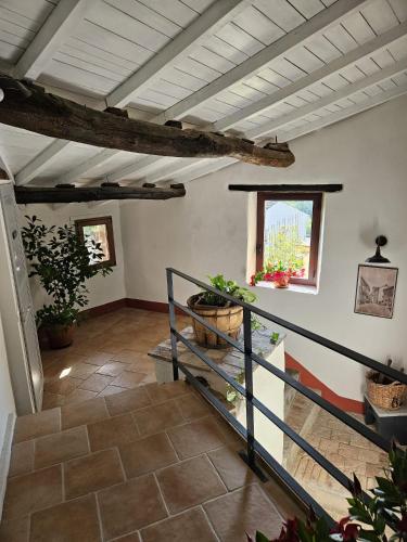 a room with a staircase with potted plants and a window at Agriturismo Palazzo Vescia in Quercia di Aulla