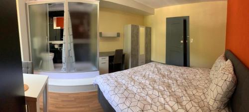 a bedroom with a bed and a bathroom at Chambre Equipè à louer in Courrendlin