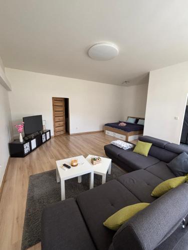 a living room with a couch and a table at Ubytování v podzámčí in Úsov