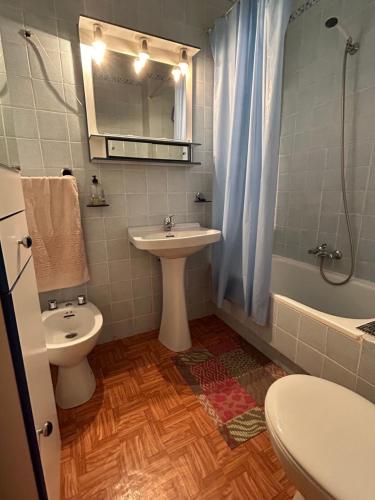 Un baño con lavabo, inodoro y ducha. en CHUFLIS FLAt, en Argamasilla de Alba