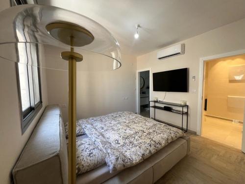a bedroom with a bed and a flat screen tv at Splendid Penthouse Duplex 6 Rooms ! in Bet Shemesh
