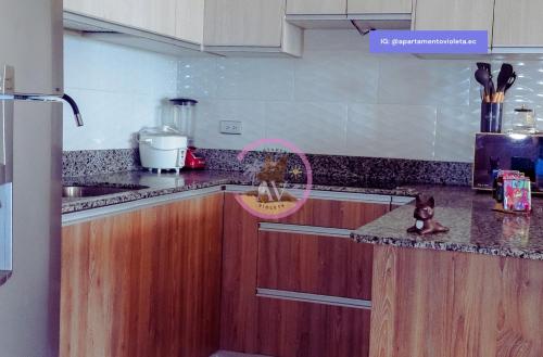 a kitchen with a counter with a dog on the counter at Apartamento Violeta con Impresionante Vista al Mar in Playas