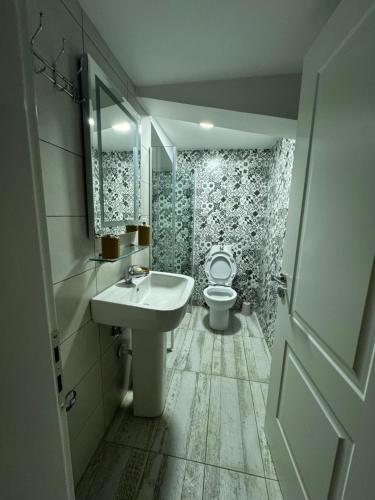 a bathroom with a sink and a toilet at Bujtina Shen Meria in Burimas