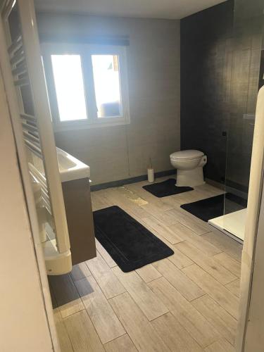 a bathroom with a toilet and a sink and a window at La maison du Bas in Naours