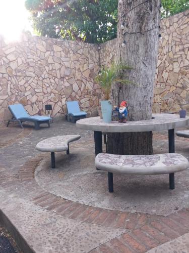 a table and benches sitting around a tree at Nica Valley in Rivas