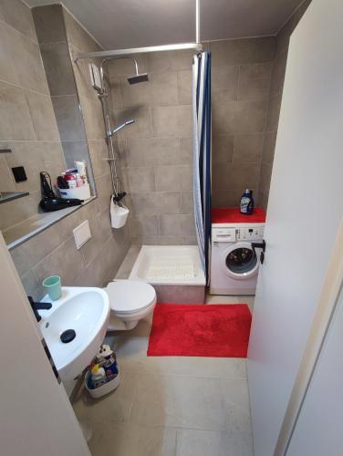 a bathroom with a toilet sink and a washing machine at Apartment Lieblingsplatz in Hameln