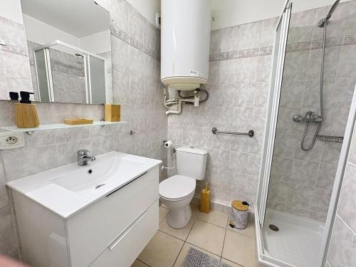 une salle de bain avec toilettes, lavabo et douche dans l'établissement Studio calme avec balcon proche du port de Nice, à Nice