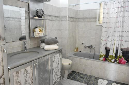 a bathroom with a tub and a toilet and a sink at Ar'ar Prestige Cozy Top place in Modi'in