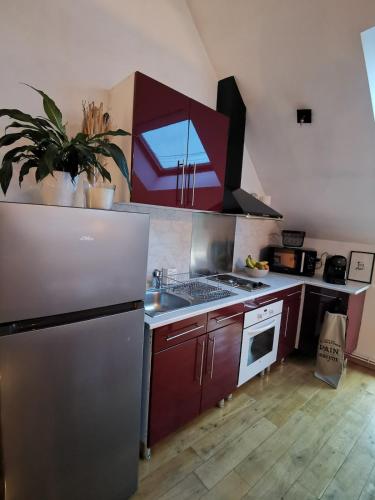 a kitchen with a refrigerator and a stove top oven at La Petite Grange in Préseau