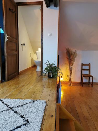 a living room with a toilet and a rug at La Petite Grange in Préseau