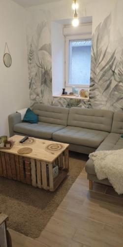 un salon avec un canapé et une table basse dans l'établissement Petite maison dans village animé, à Jaulgonne