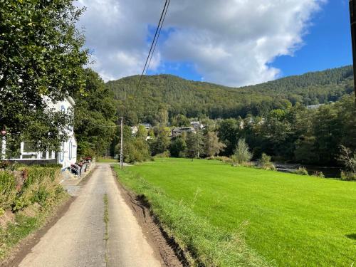 a dirt road next to a green field with mountains at Vakantiehuis Perles de la cascade in Stavelot