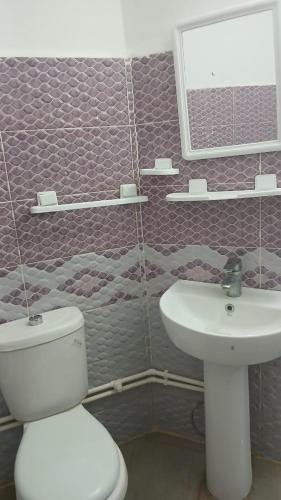 a bathroom with a toilet and a sink and a mirror at Saidia palace in Saïdia