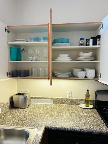 a kitchen counter with a sink and shelves with dishes at Loft Style,2 Beds ,Flexible self check in,Pool in Marina del Rey