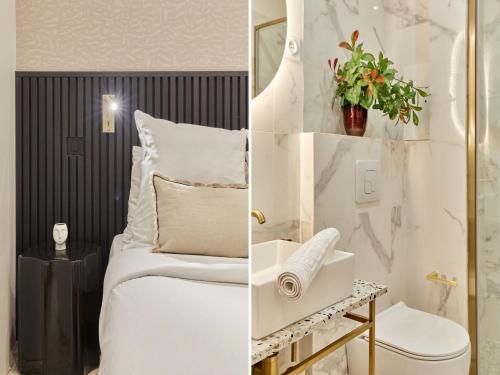 - deux photos d'une chambre avec un lit et des toilettes dans l'établissement Superb Apartment Invalides St Germain des Près, à Paris