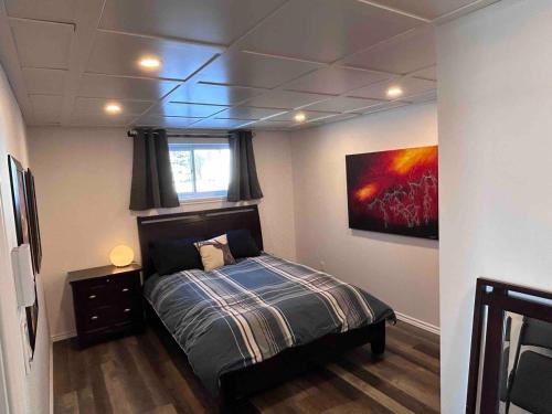 a bedroom with a bed and a painting on the wall at Night Sky Cottage in Saint-Joachim