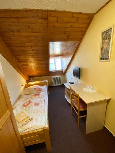 a small room with a bed and a desk at Dalmo in Sedlec