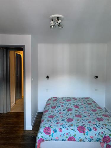 une chambre avec un lit avec une couette fleurie dans l'établissement Appartement Espelette, à La Celle-sous-Gouzon