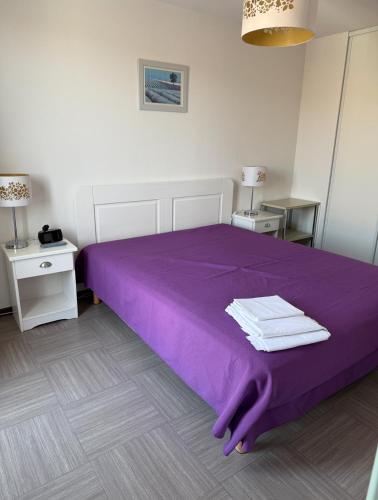 - une chambre avec un lit violet et une couverture violette dans l'établissement Le Panorama, à Gréoux-les-Bains