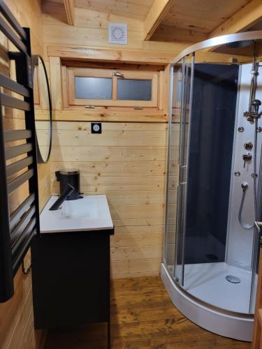 une salle de bain avec un lavabo et une douche dans l'établissement Camping D'étival, à Étival-Clairefontaine