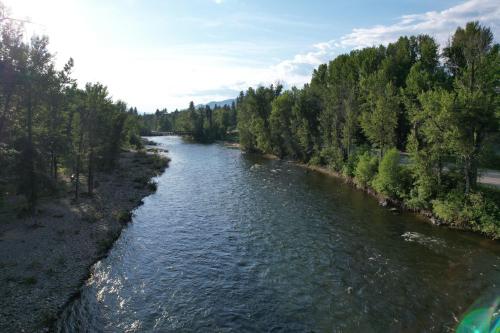 a river with trees on the side of it at Methow River Lodge and Cabins in Winthrop