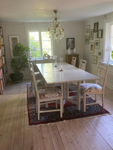 a dining room with a wooden table and chairs at Williamsro in Mariefred