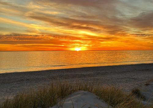 a sunset on the beach with a tent on the beach at Henley Beachfront Luxury Home With Private Pool, Spa And Sauna! in Henley Beach