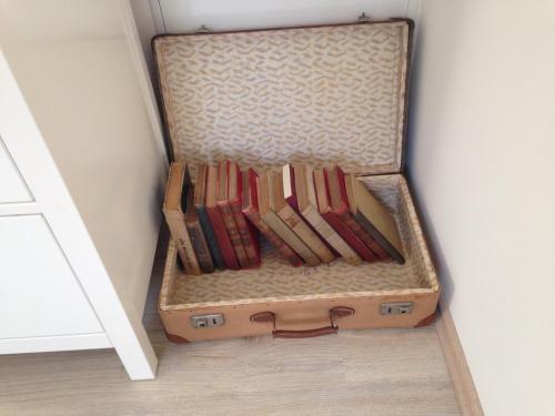 a suitcase full of books sitting on the floor at Premium "Vintage" Apartment in Zalaszentmihály