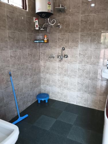 a bathroom with a shower with a blue stool in it at Malta Tree Homes in Kurchhola
