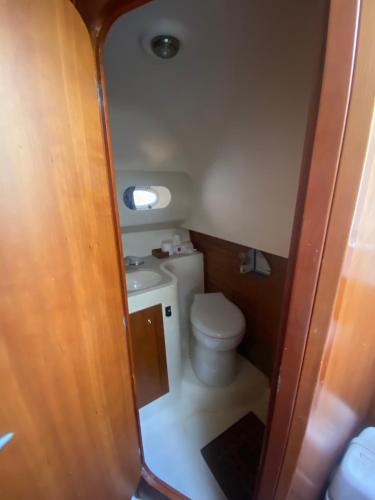 une petite salle de bain avec toilettes et lavabo dans l'établissement Hannaboat, à Mandelieu-la-Napoule