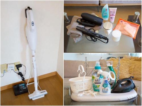 a collage of pictures of a bathroom with a blow dryer and other items at ガネーシャ 501 in Tokeshi