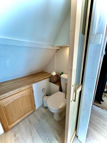 Elle comprend une petite salle de bains pourvue de toilettes. dans l'établissement L'écume de mer, à Barneville-Carteret