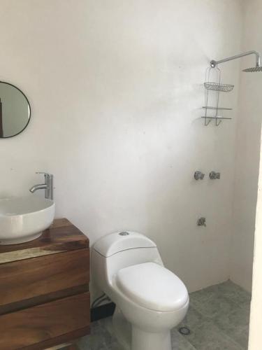 a bathroom with a white toilet and a sink at La Casa Frida in Mérida