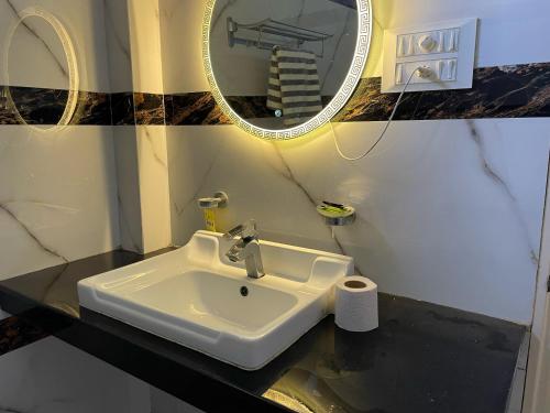 a bathroom with a sink and a mirror at Pine Wood Villa in Mānānwāla